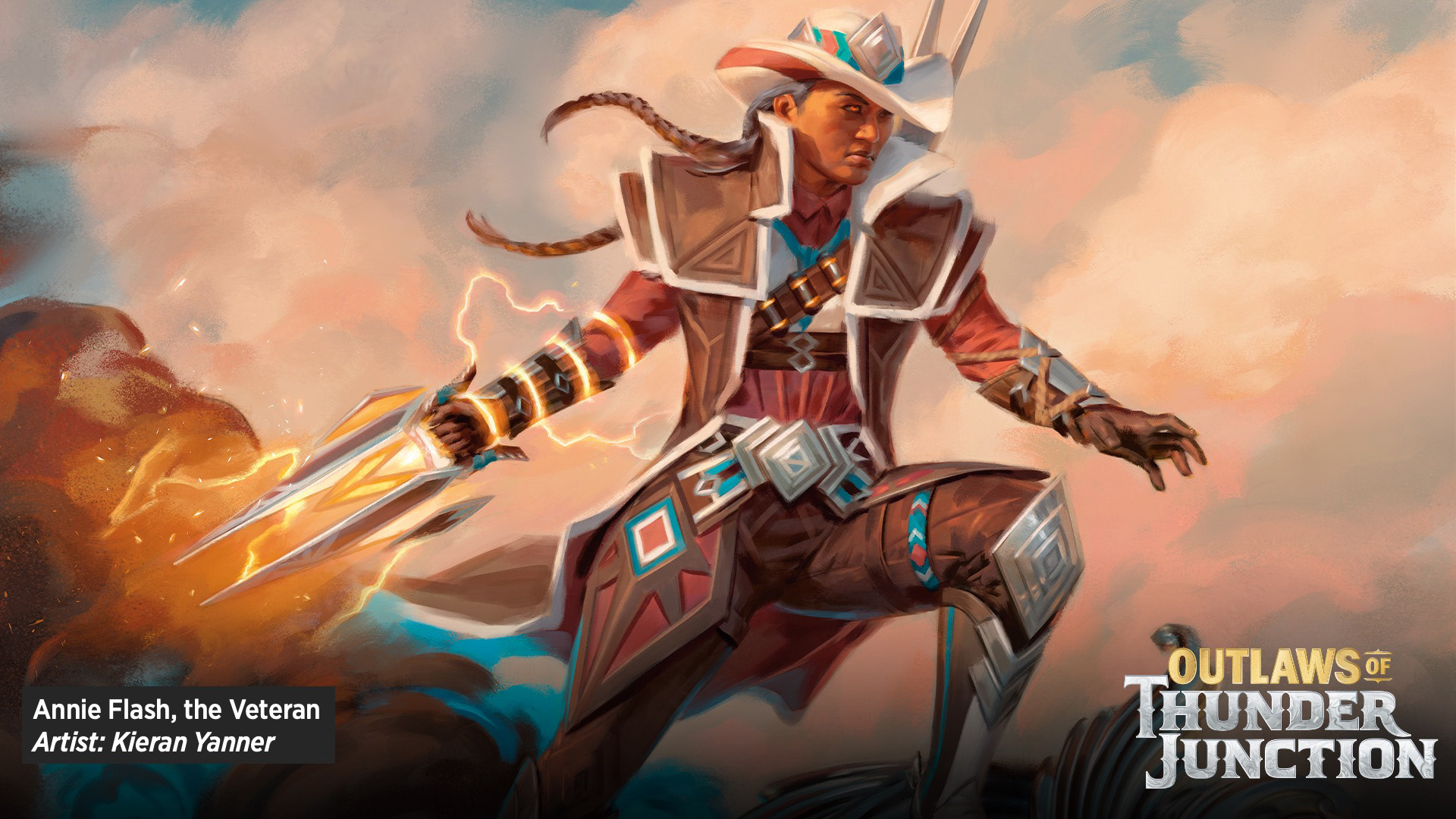 Key art from the MTG set, Outlaws of Thunder Junction