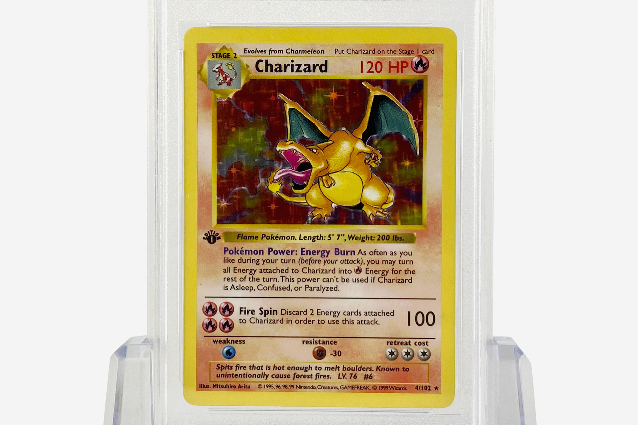 A Charizard card in plastic.