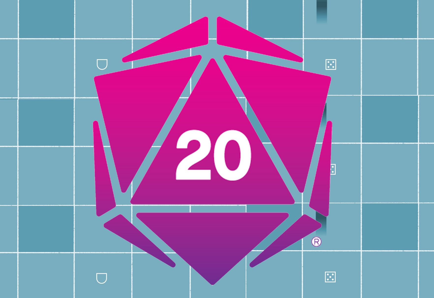 The Roll20 logo, a d20 die, on top of a RPG board illustration