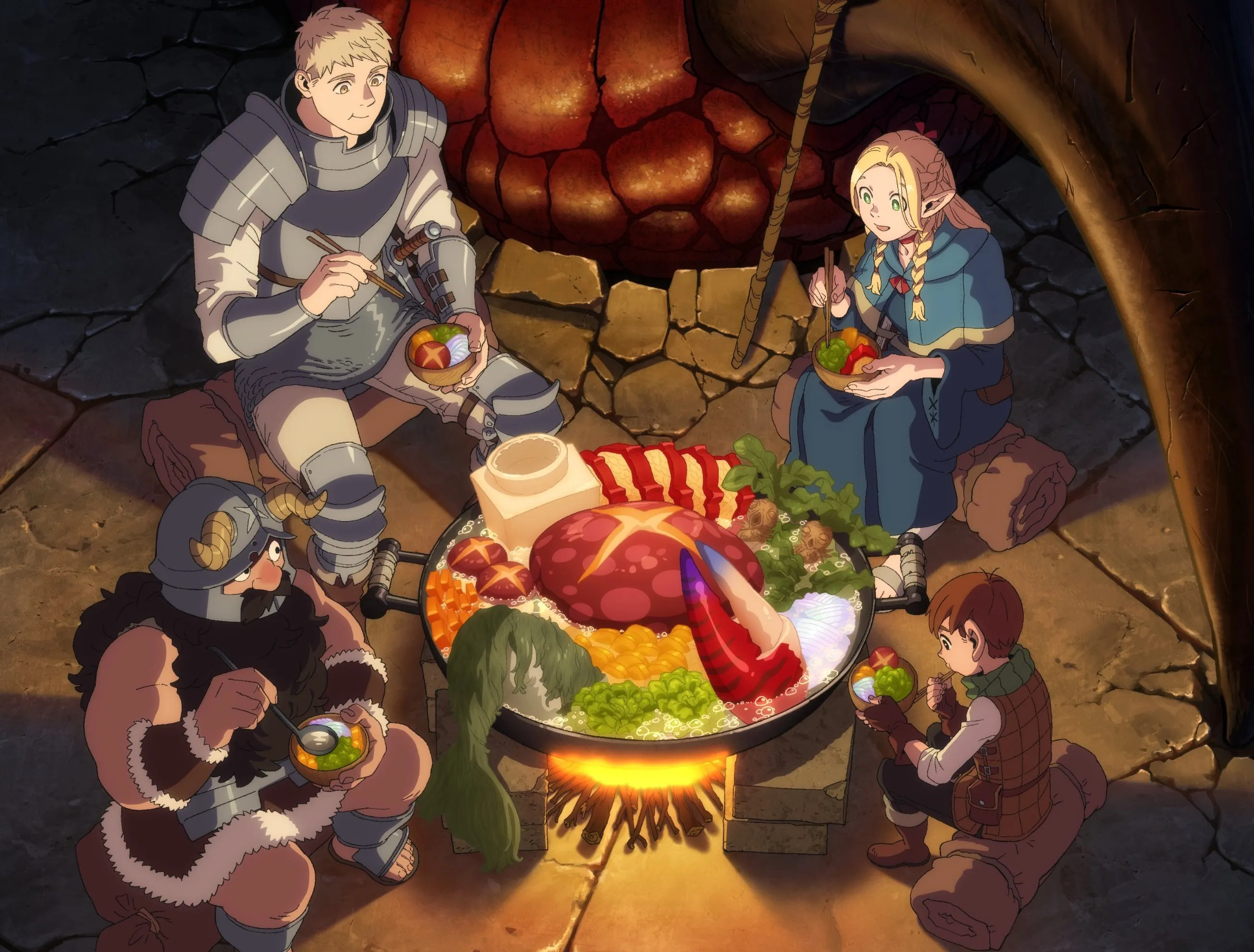 (L-R, Clockwise) Laois, Marcille, Chilchuck, and Senshi sitting around a boiling pot filled with food in a promotional image for Delicious in Dungeon.