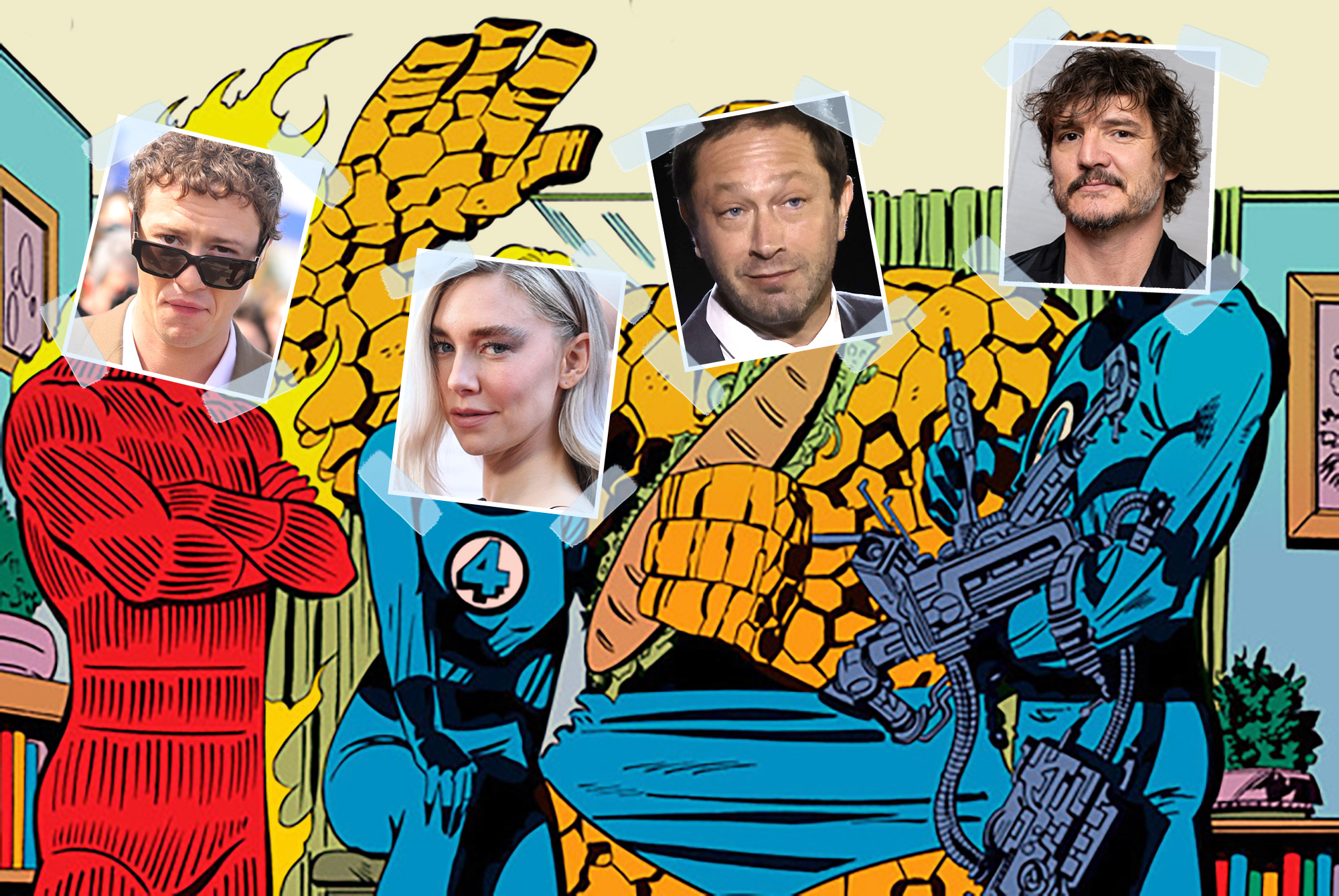 Pictures of the cast of Fantastic Four are overlayed over their comic counterparts