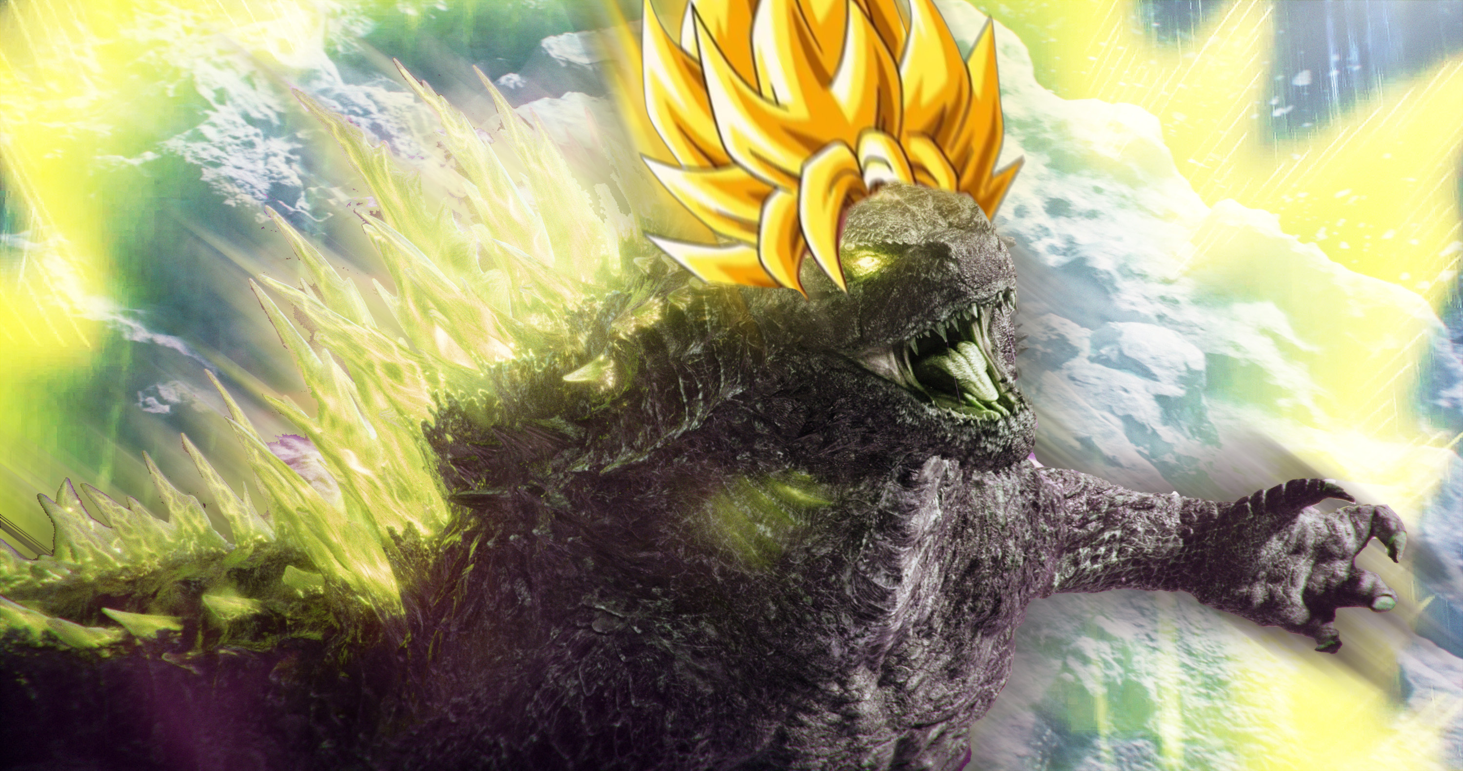 A roaring, glowing-eyed Godzilla with a big blonde super saiyan Dragon Ball style haircut