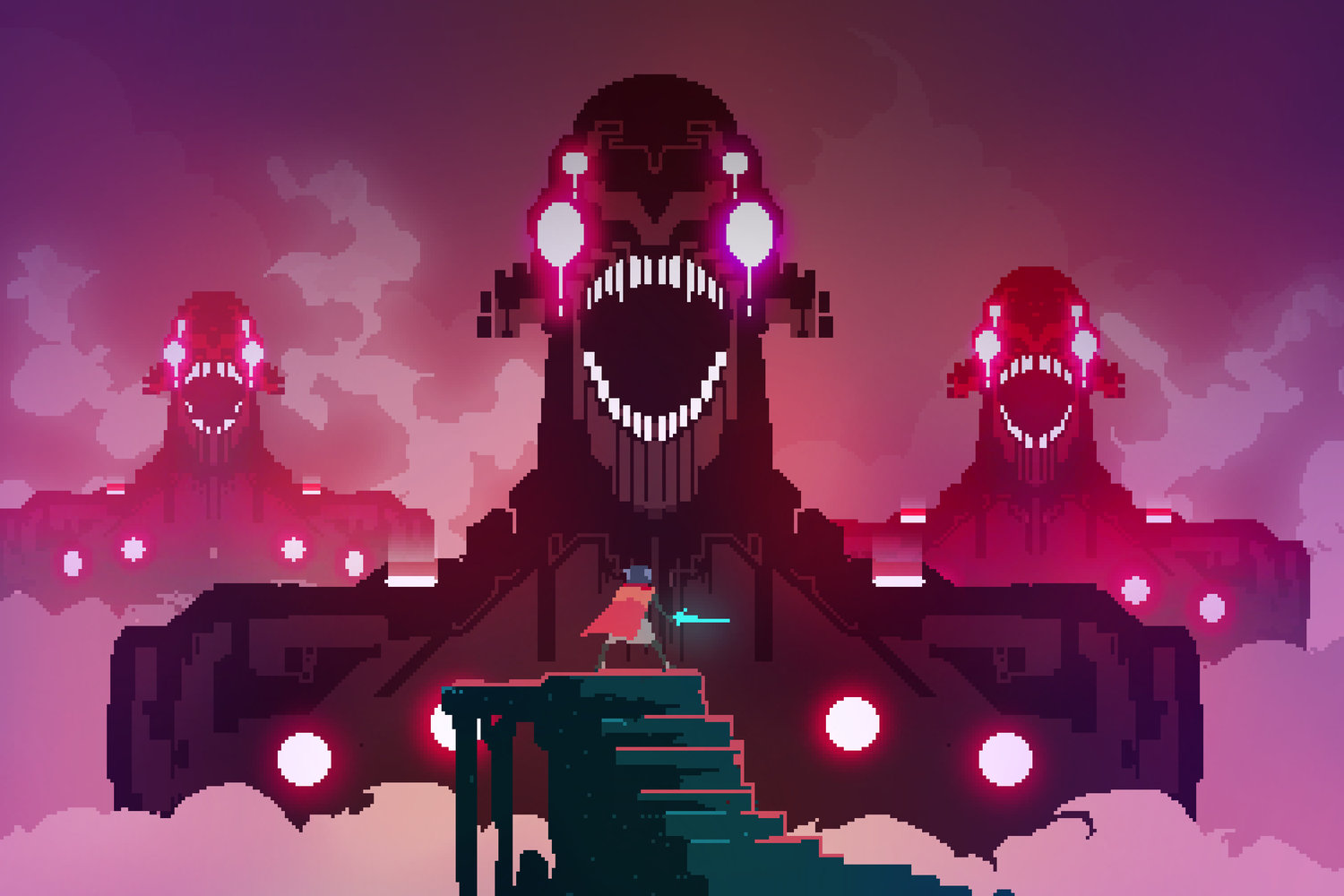 The player character from Hyper Light drawing their sword with gigantic robots in the distance.