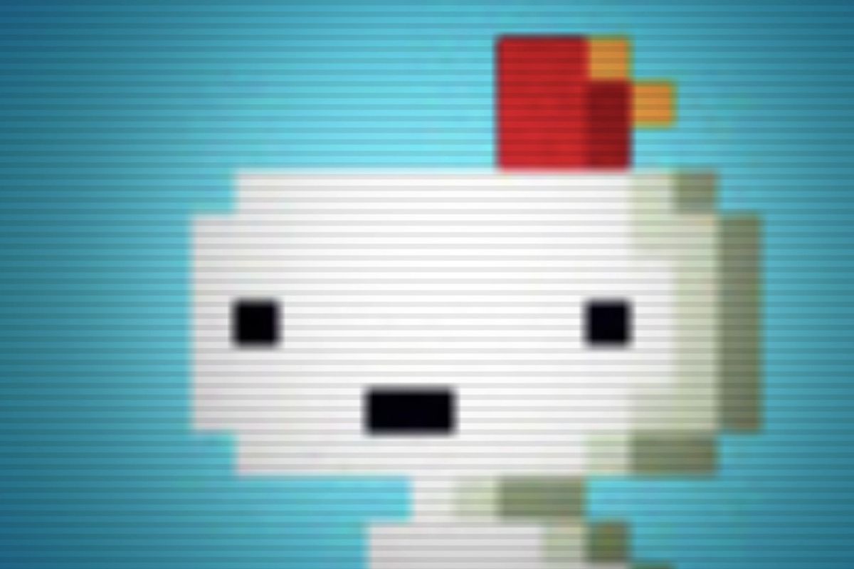 A grainy, scan-lined close up of Gomez, the main character of the game Fez, in Indie Game: The Movie