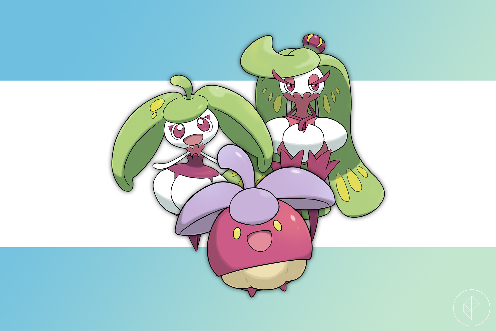 Shiny Bounsweet, Steenee, and Tsareena on a blue and green gradient background