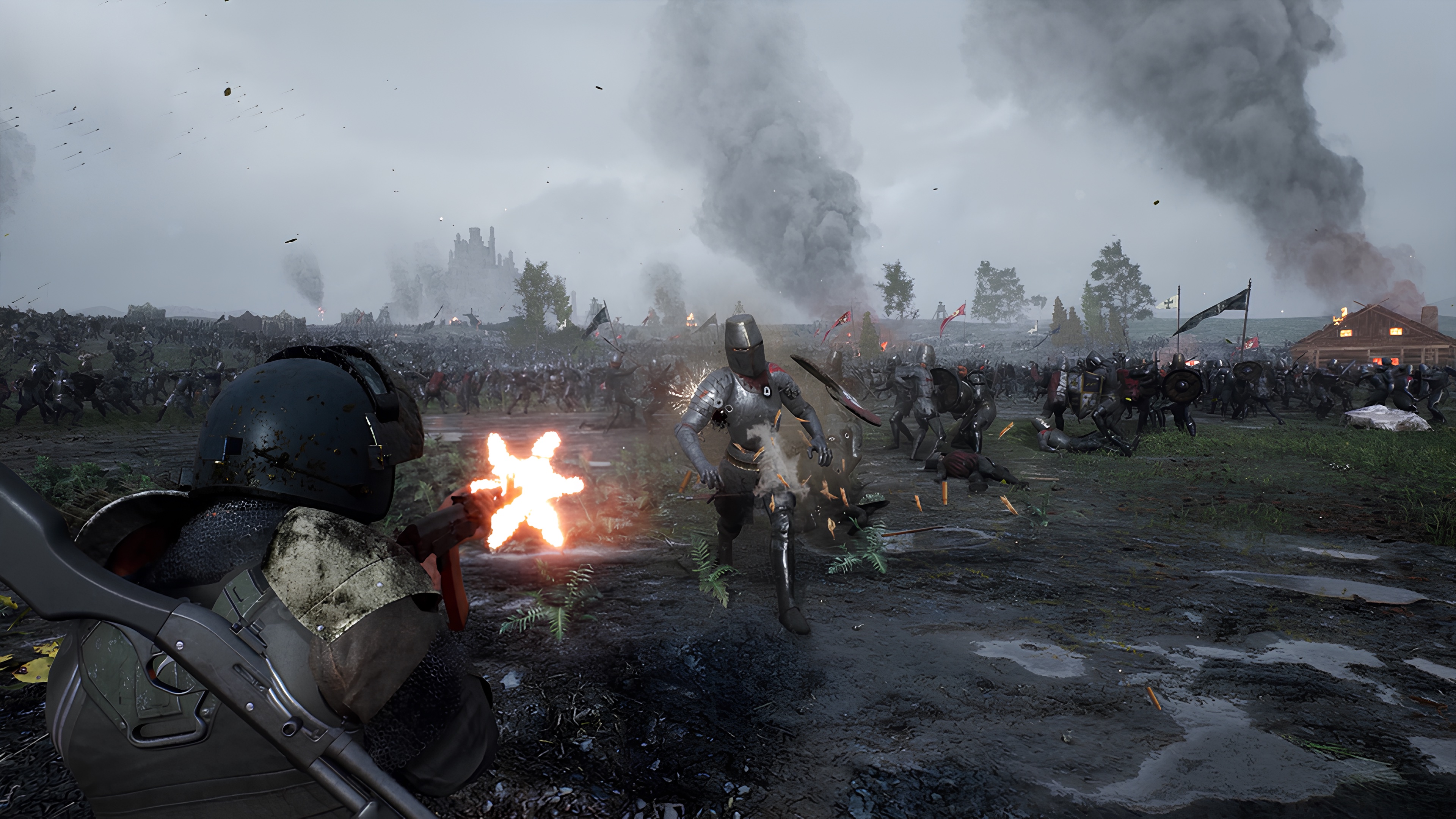 A soldier fires his assault rifle at an approaching armored medieval knight on a dense battlefield in a screenshot from Kingmakers