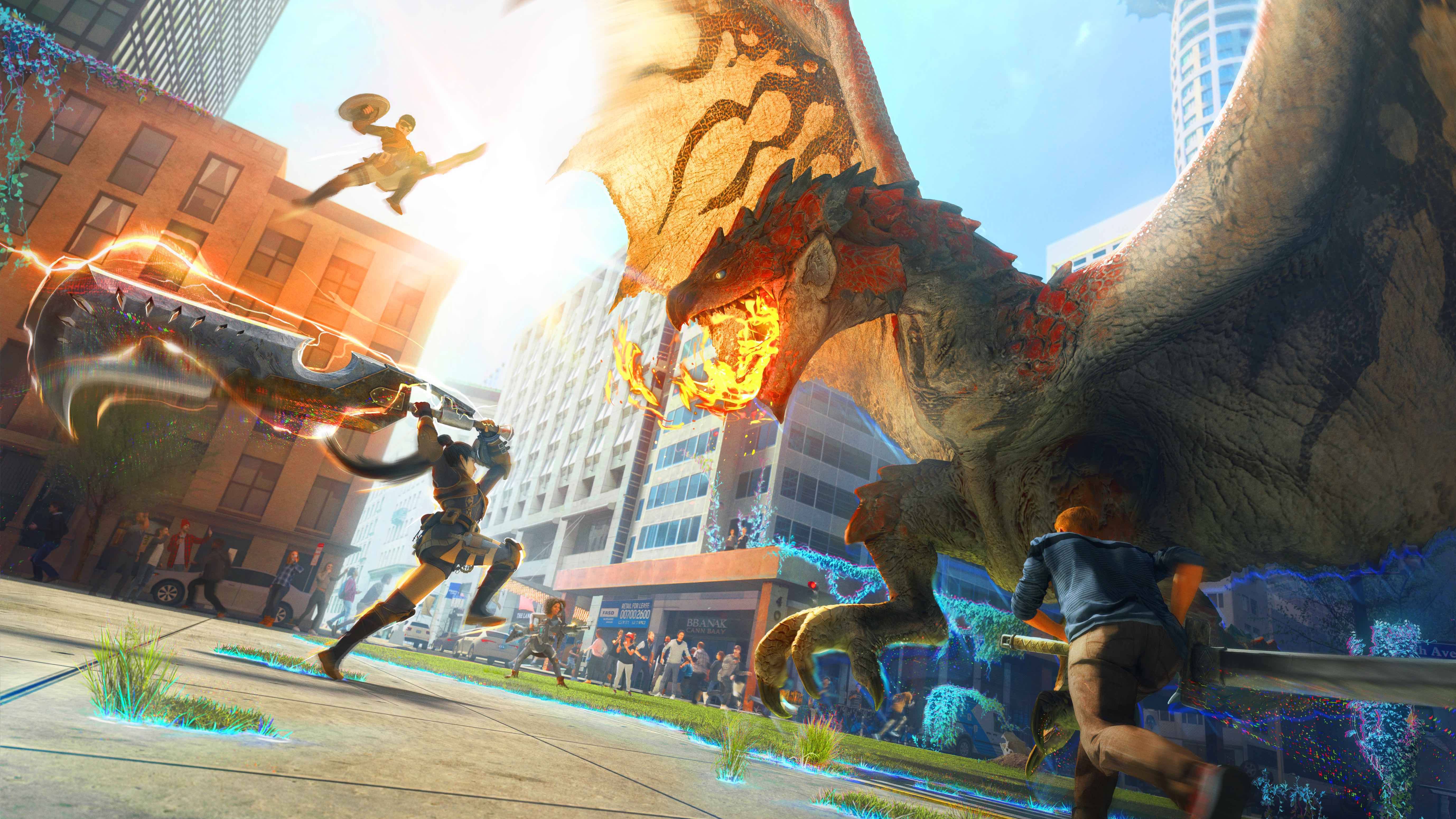 Fighters battling a Monster Hunter creature in the real world, with offices and shops in the background