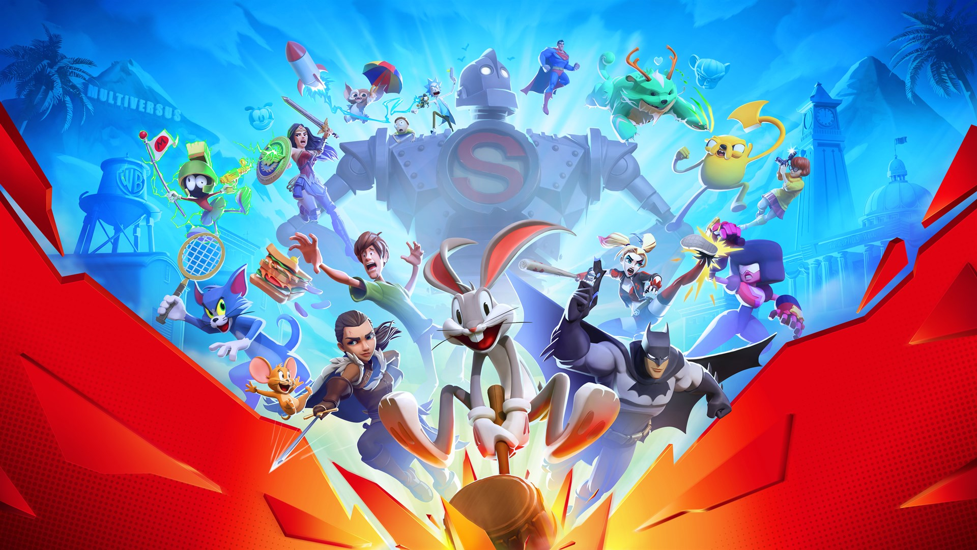 Artwork of the cast of MultiVersus, with the Iron Giant standing in the background, and Arya Stark, Shaggy, Bugs Bunny, and Batman rushing forward in the foreground