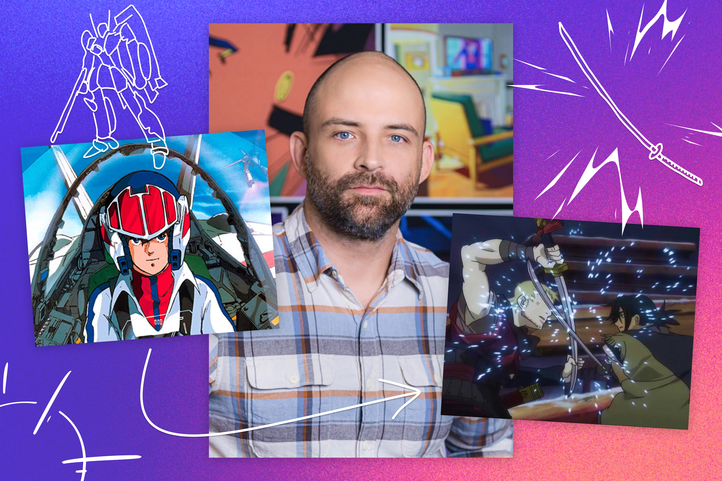 A header image featuring a photo of Joaquim Dos Santos, Portuguese American animator-director, flanked by images from Macross and Sword of the Stranger.