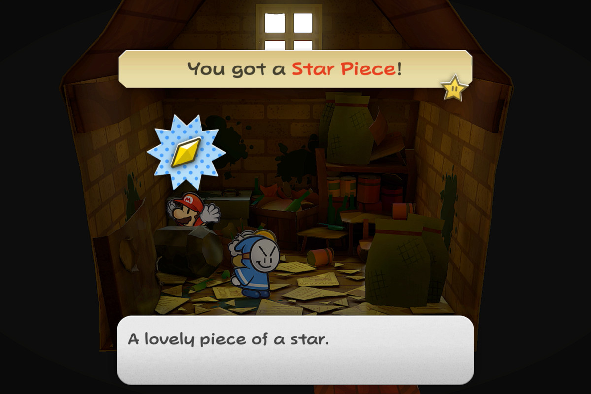 Mario lifts up a Star Piece behind a blue thief in a dark building in Paper Mario: The Thousand-Year Door.