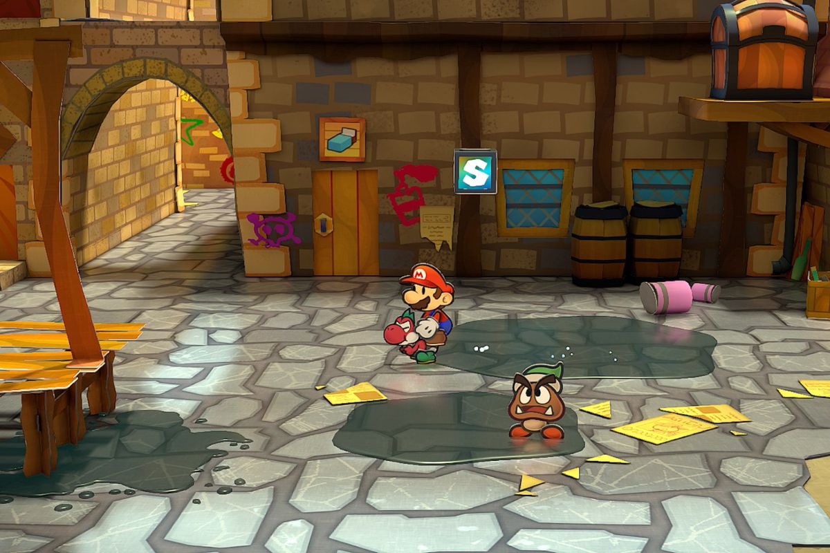 Mario rides a little red Yoshi in Paper Mario: The Thousand-Year Door