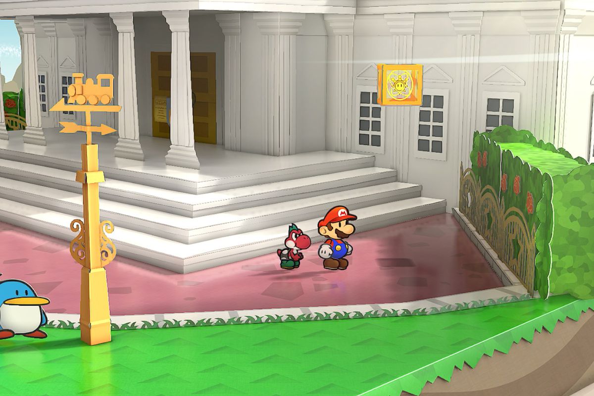 Mario and Yoshi stand in front of a Shine Sprite block in Paper Mario: The Thousand-Year Door