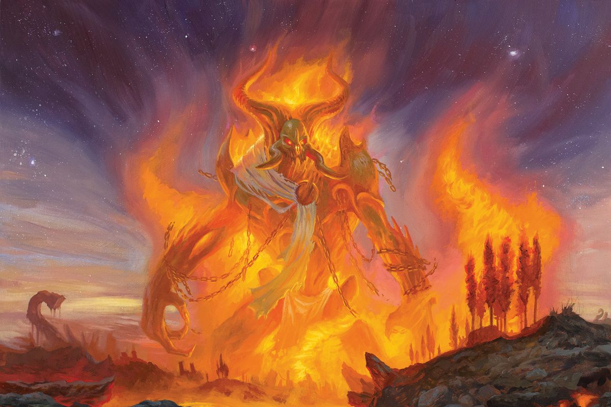 Phlage, Titan of Fire’s Fury features a giant demon with horns rising above a forest fire. Trees burn in the foreground.