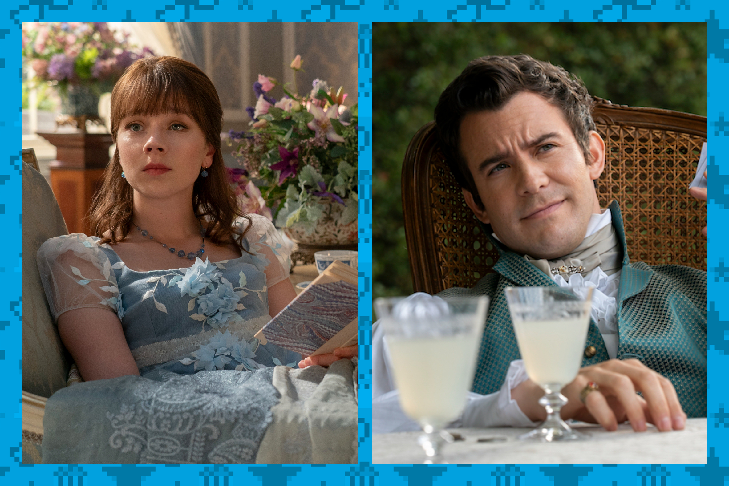 A diptych featuring Eloise Bridgerton reading a book and Benedict Bridgerton holding cards and looking generally amused