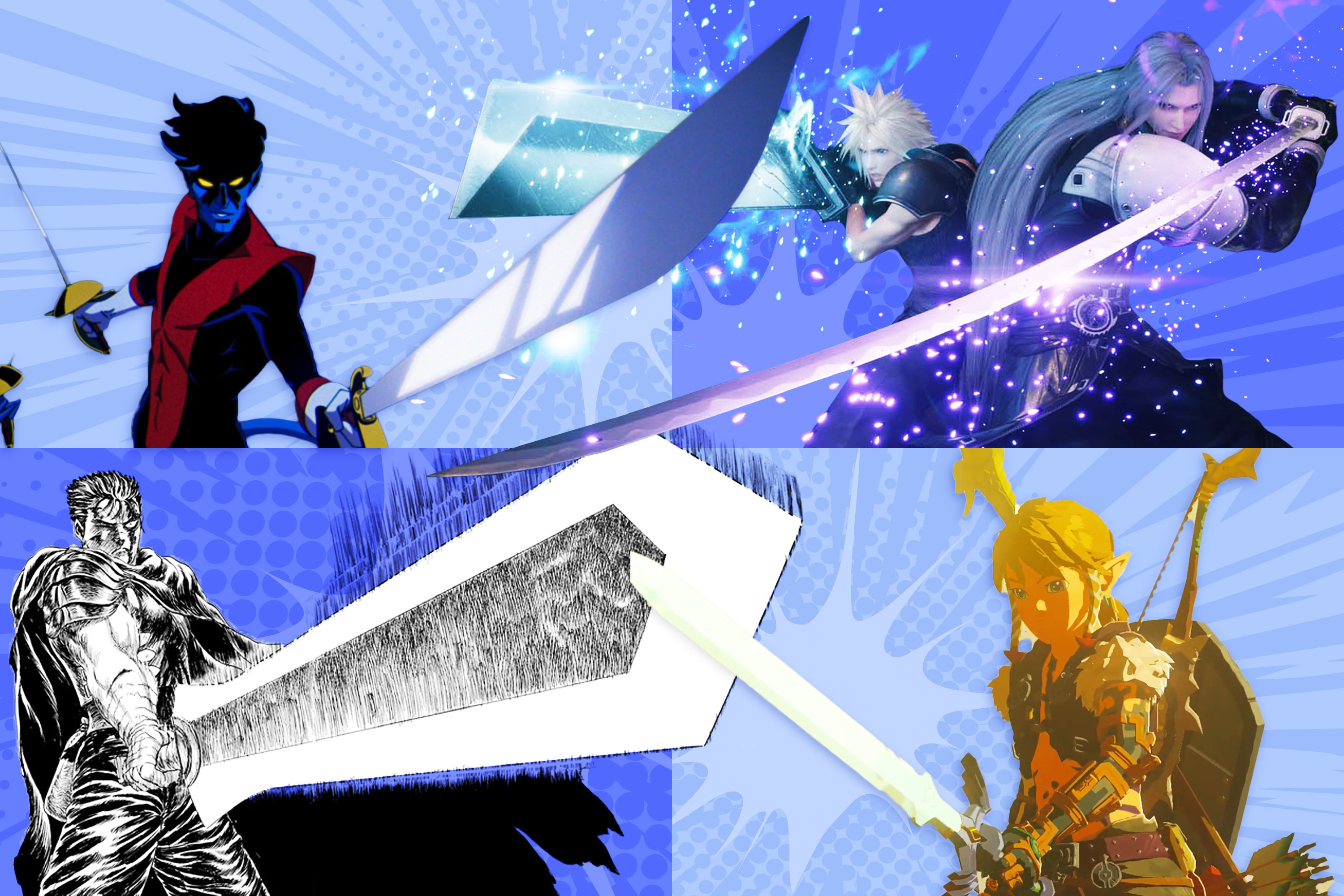 Four images of fictional characters holding cool swords, oriented into four quadrants; clockwise, starting from the top left, it’s Nightcrawler from X-Men ‘97 holding three swords (one with his tail), Cloud and Sephiroth from FF7 Rebirth each brandishing their extremely massive swords, Guts from the comic Berserk brandishing the greatsword called the Dragonslayer, and Link from The Legend of Zelda: Tears of the Kingdom holding the Master Sword