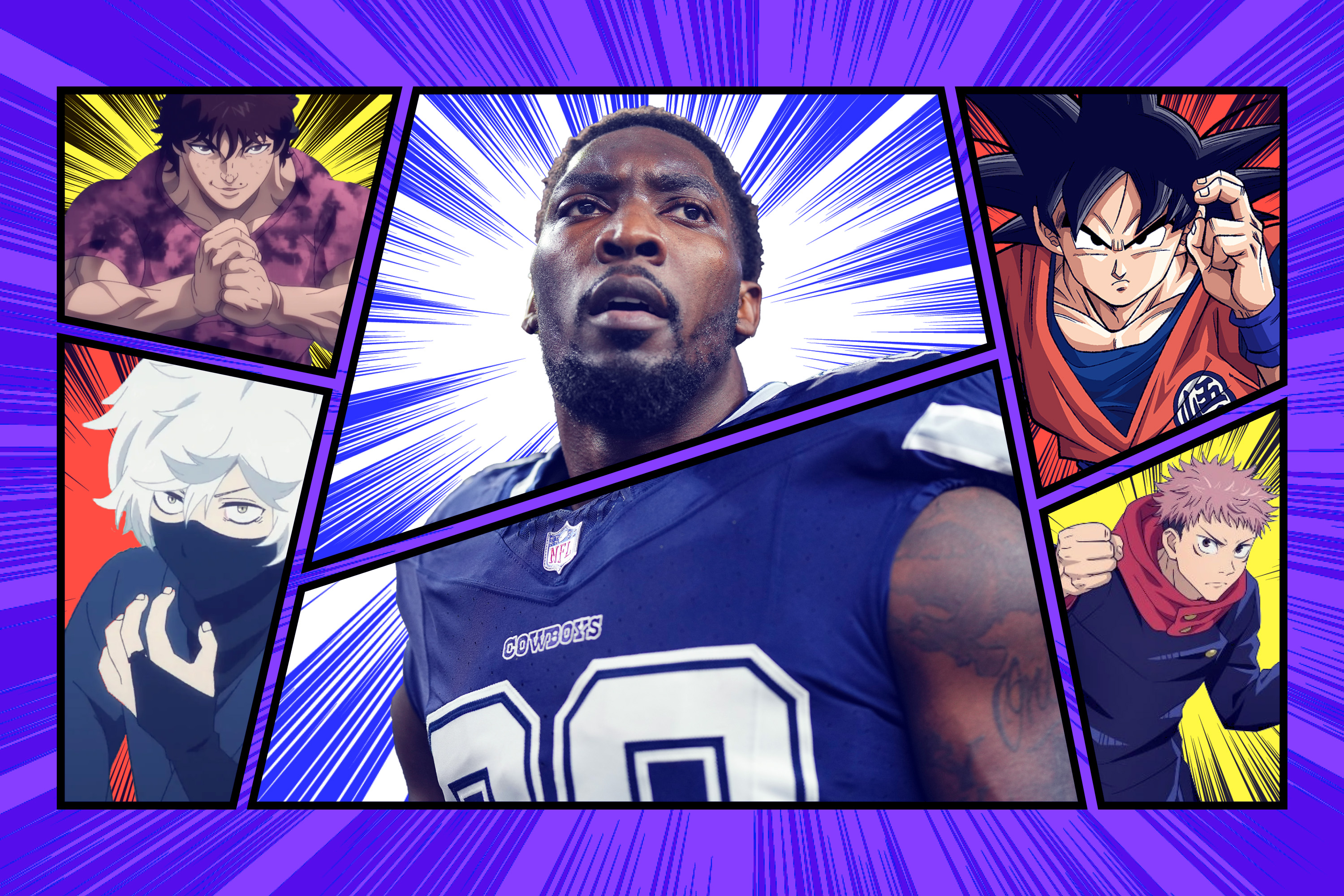 A header image featuring a photo of DeMarcus Lawrence, surrounded by images of various anime characters.