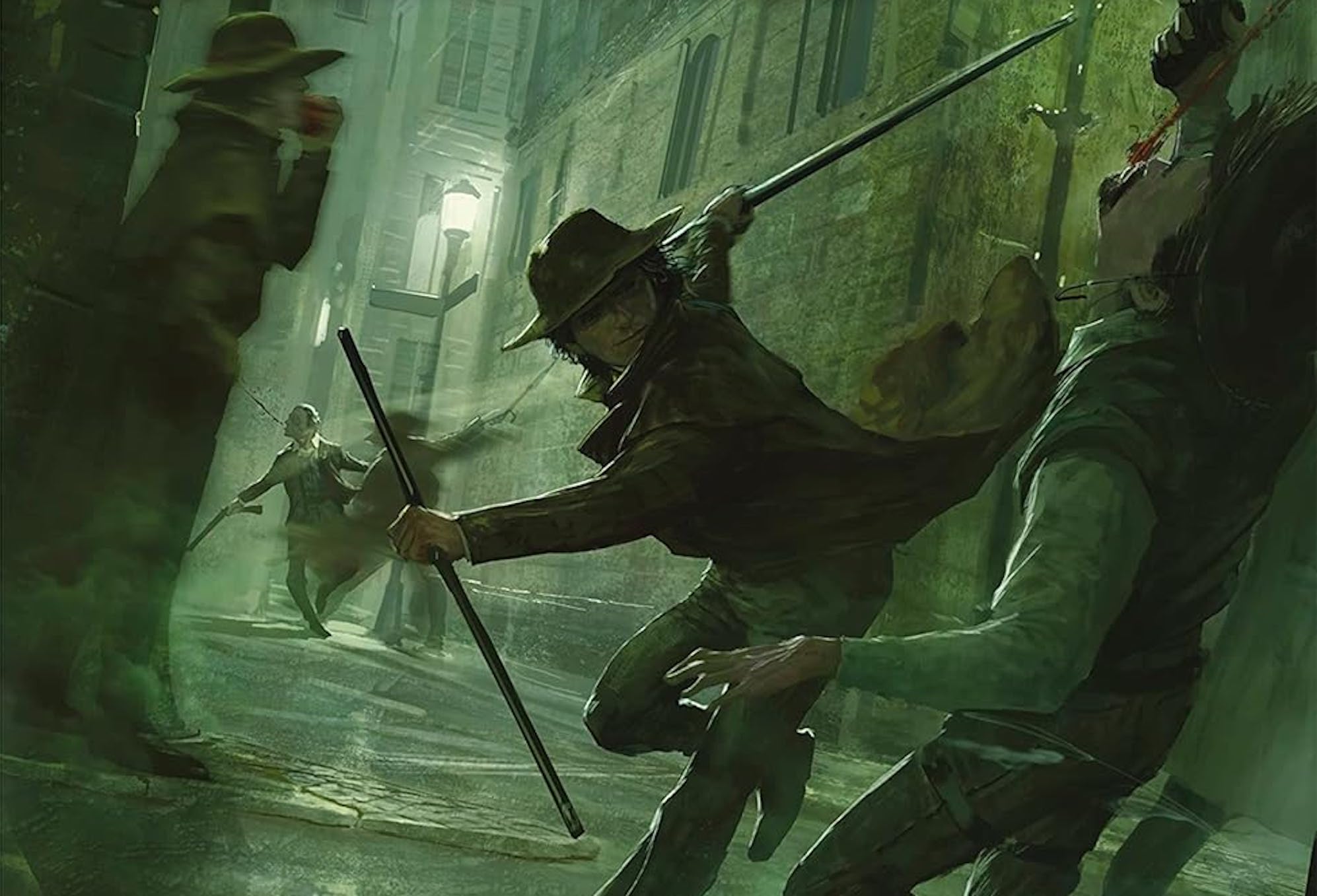 Artwork from the cover of the Spanish version of Brandon Sanderson’s book Shadows of Self shows a stylish character attacking another while dual-wielding staffs in an alley.