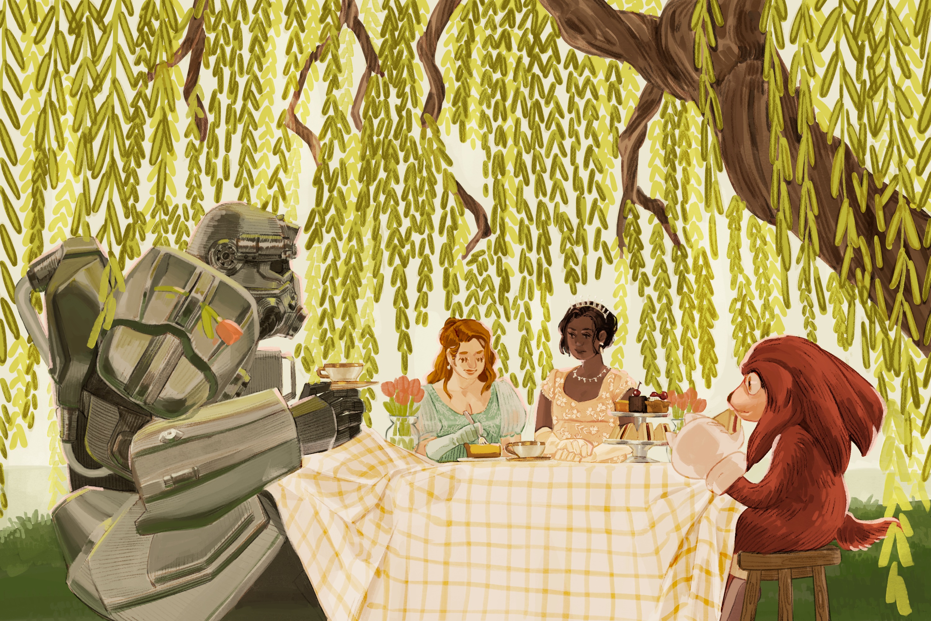 An original illustration shows characters from Fallout, Knuckles, and Bridgerton sitting around a table having tea.