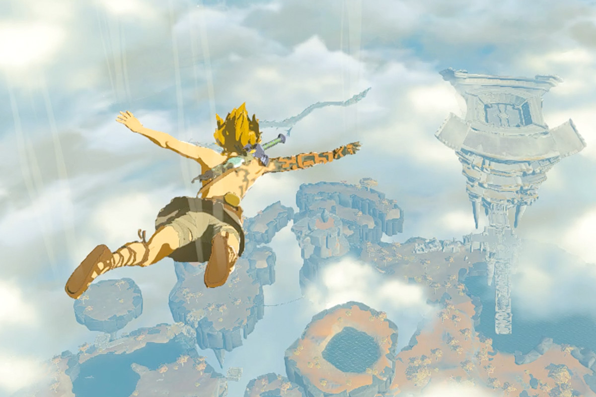 The Legend of Zelda: Tears of the Kingdom; a shirtless Link skydiving into Hyrule