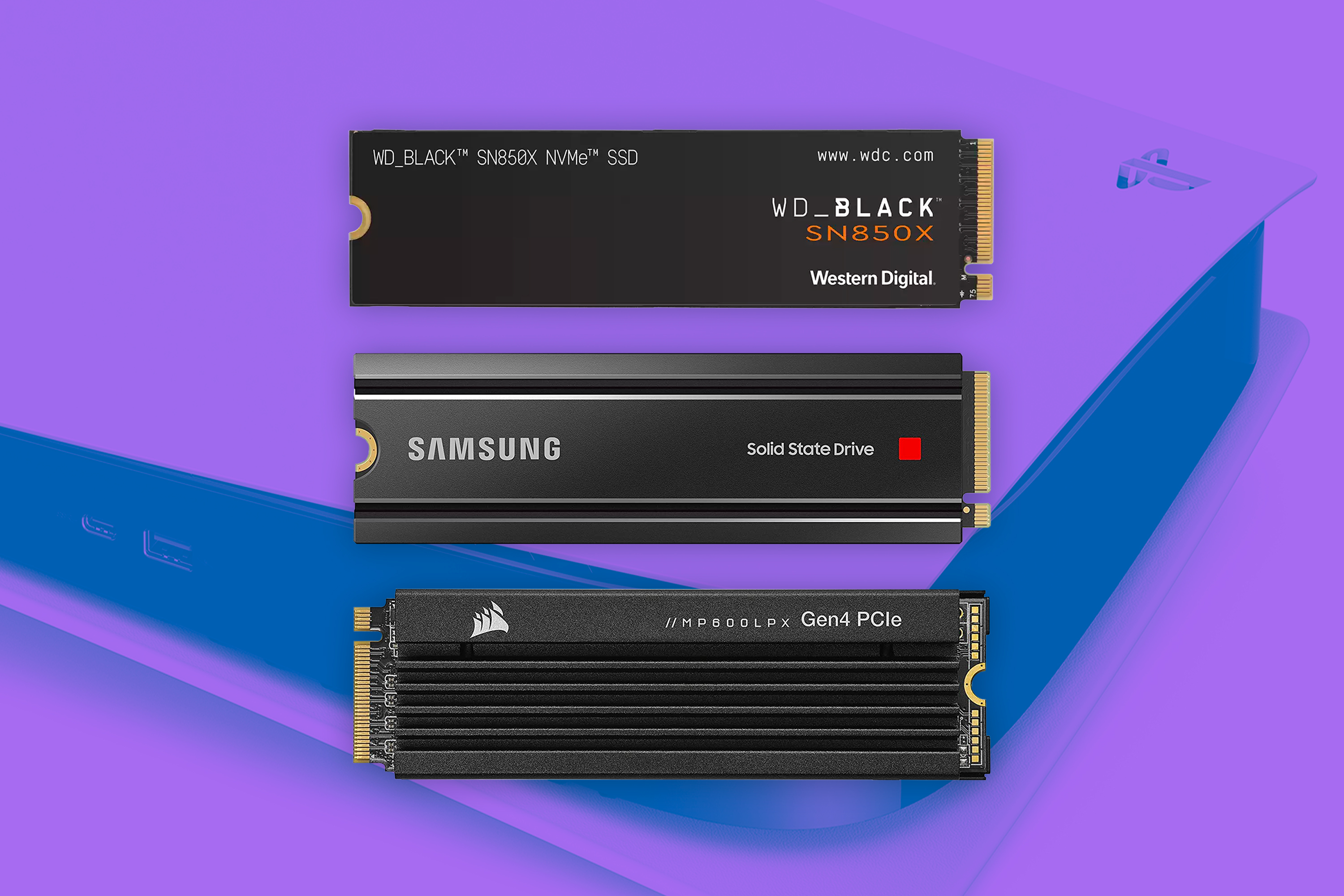 An illustration containing three M.2 SSDs: the WD_Black SN850X, Samsung’s 980 Pro, and the Corsair MP600 Pro LPX. Behind them is the PS5 console.