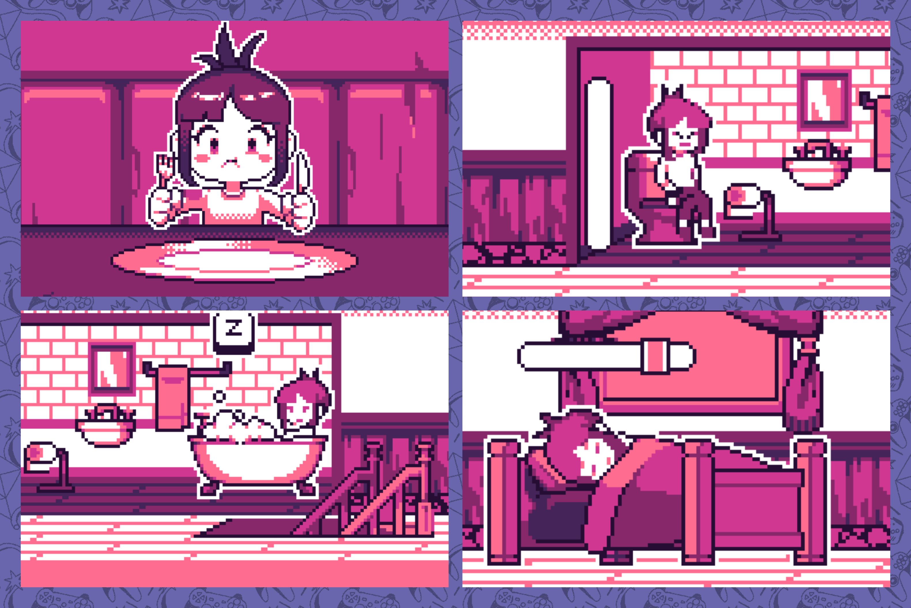 A graphic showing four screenshots from Yolk Heroes: A Long Tamago layered over a purple background. The top left image shows a hero eating, the top right shows her pooping, the bottom left shows her bathing, and the bottom right shows her sleeping. They are all rendered in Game Boy color style pixel art with a pink color scheme.