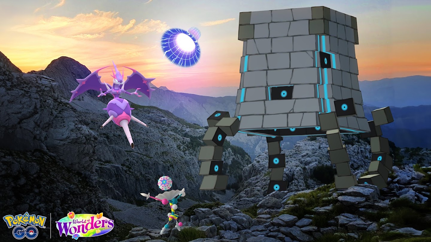 An AR image of Stakataka, Blacephalon, and Naganadel in Pokémon Go on some rocky cliffs