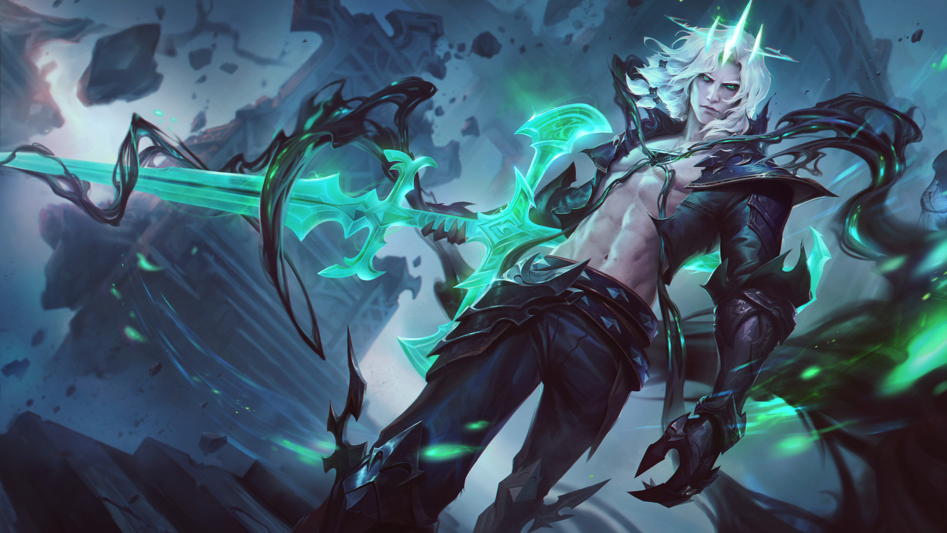 The splash art for Viego, The Ruined King from League of Legends, featuring a shirtless man in black pants with black shoulder armor, holding a massive glowing green sword