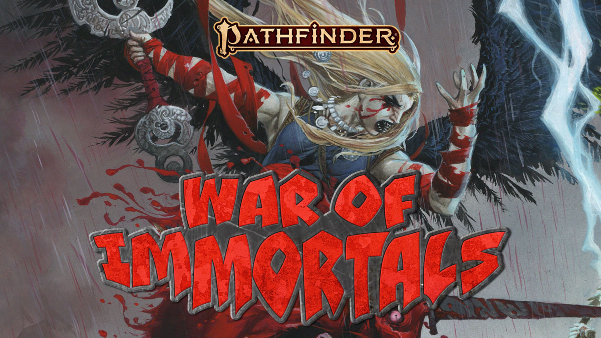 Art showing a woman weeping blood. She’s swinging a comically large sword, and her hands and arms are wrapped in blood-soaked cloth. The text War of Immortals covers her lower half.