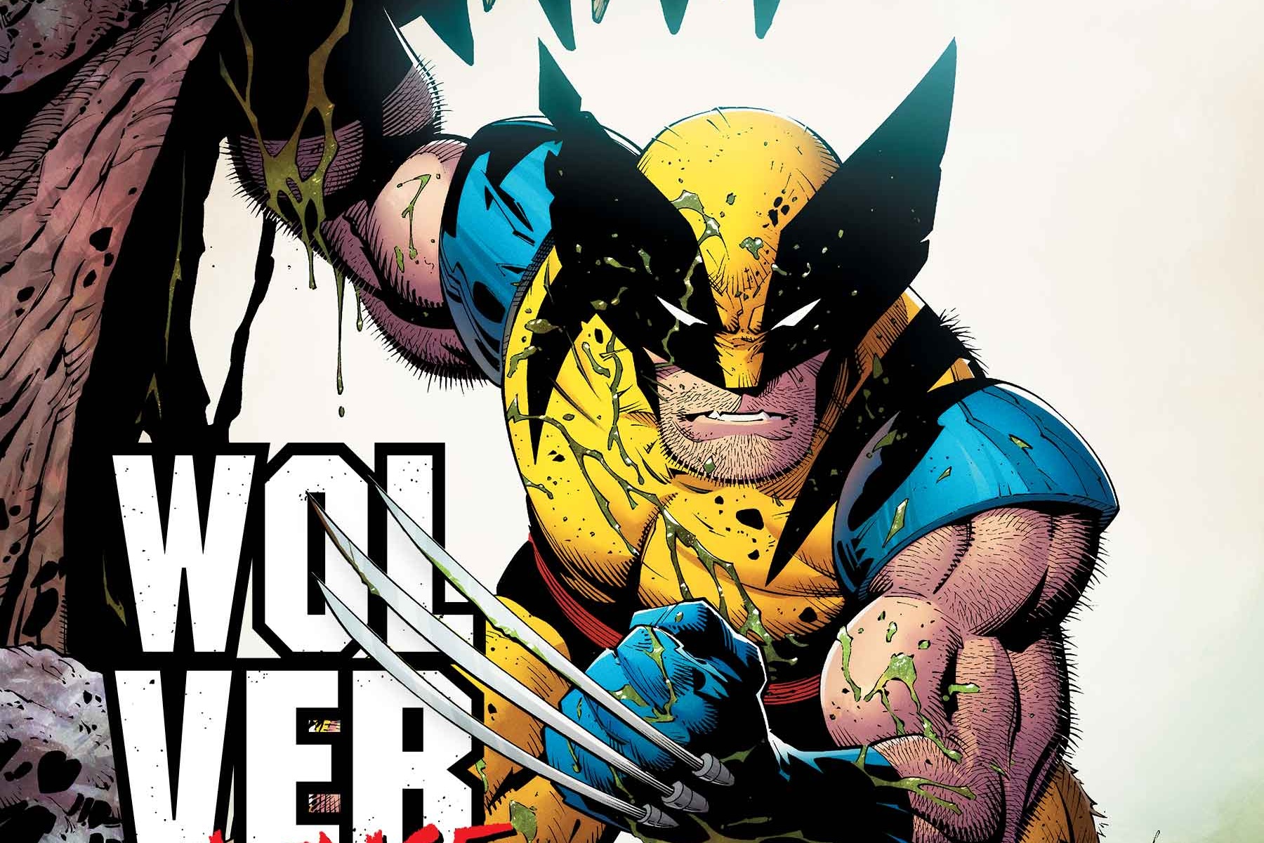 Wolverine brandishes a claw on the cover of Wolverine: Revenge #1. He’s standing in the jaws of what looks like a tyrannosaurus, holding it’s mouth open with his other hand.