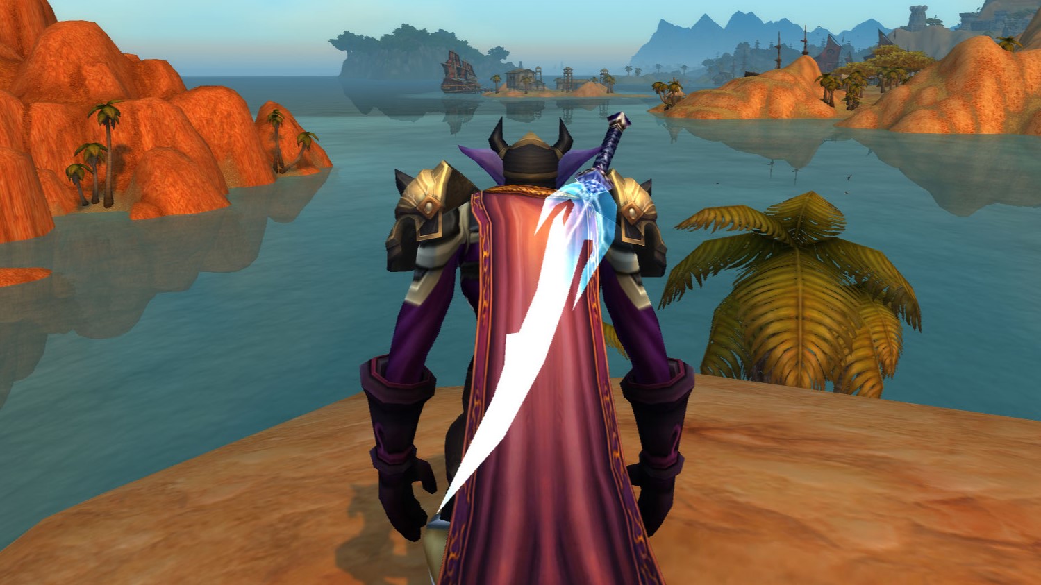 A World of Warcraft troll character stands with its back to the camera. Across its back it wears a really cool ghostly sword