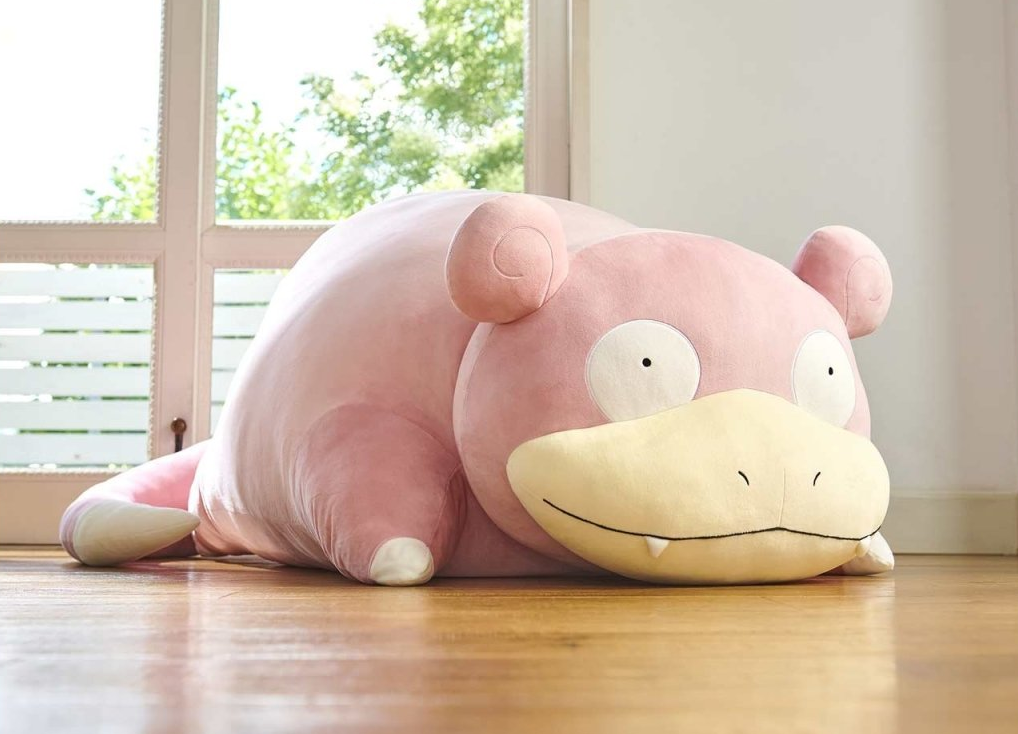 A stock photo of the 43-inch Slowpoke plush