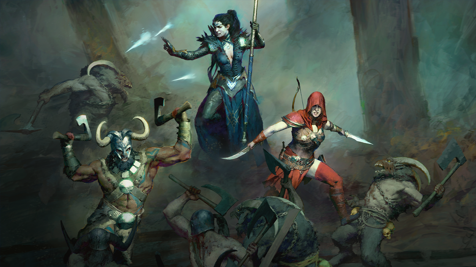 Diablo 4’s Necromancer, Barbarian, and Rogue classes fight off enemies