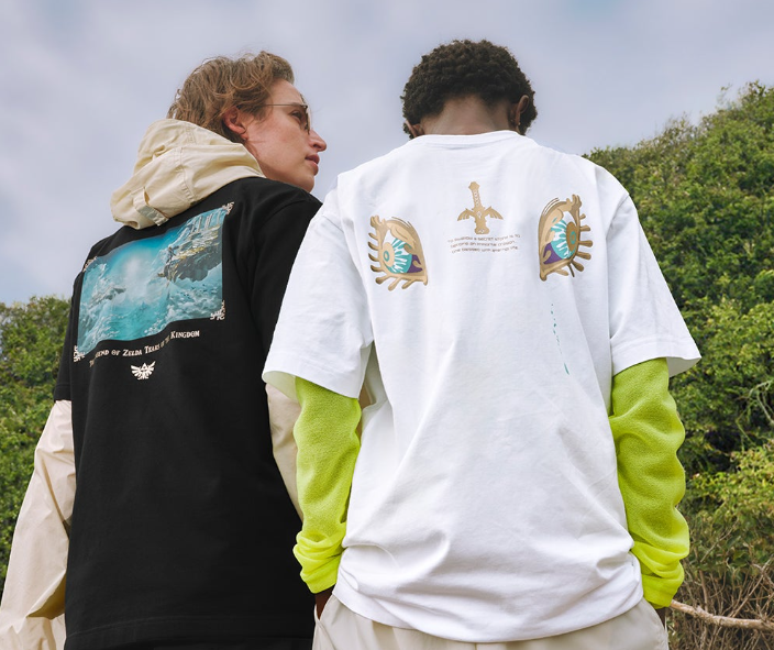 A promotional photo showing two of the T-shirts featured in Uniqlo’s Tears of the Kingdom collection