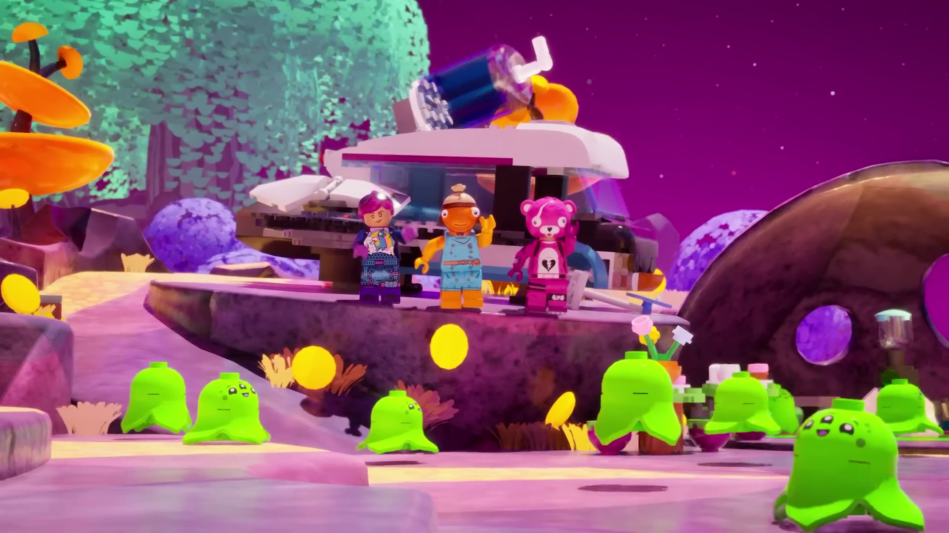 An image of Lego Smoothie Odyssey. The group of characters land on a neon alien planet and there are tiny green aliens that look like slime almost. 